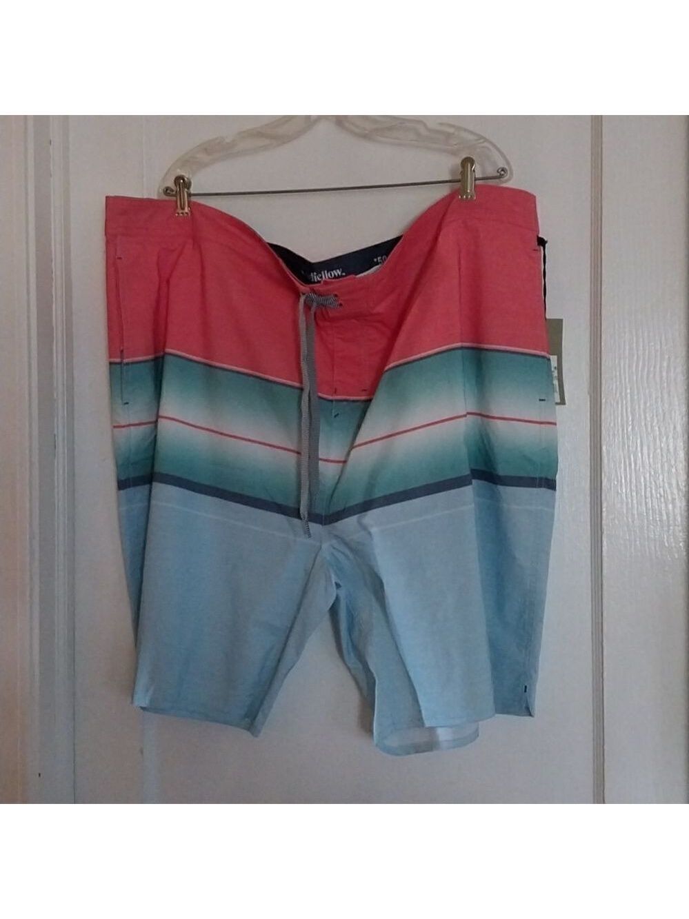 NWTGoodfellow Mens 8.5 Swim Trunks Board Shorts Coral and Blue Striped Size 50